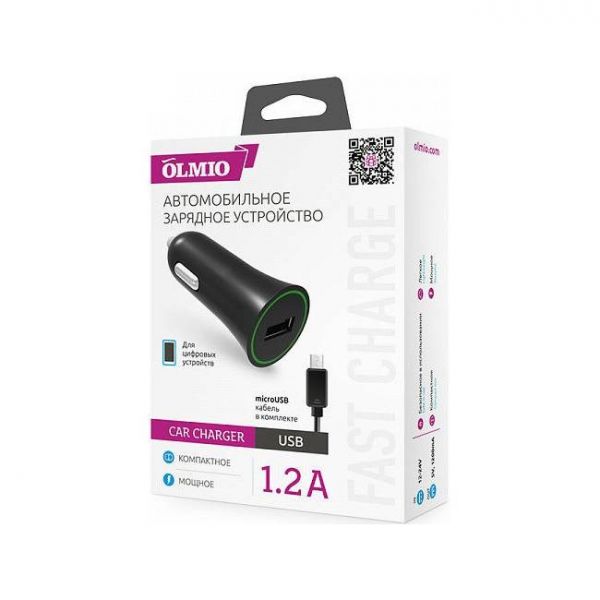 Автомобильное зарядное устройство Olmio 038637 USB 12A + microUSB черный